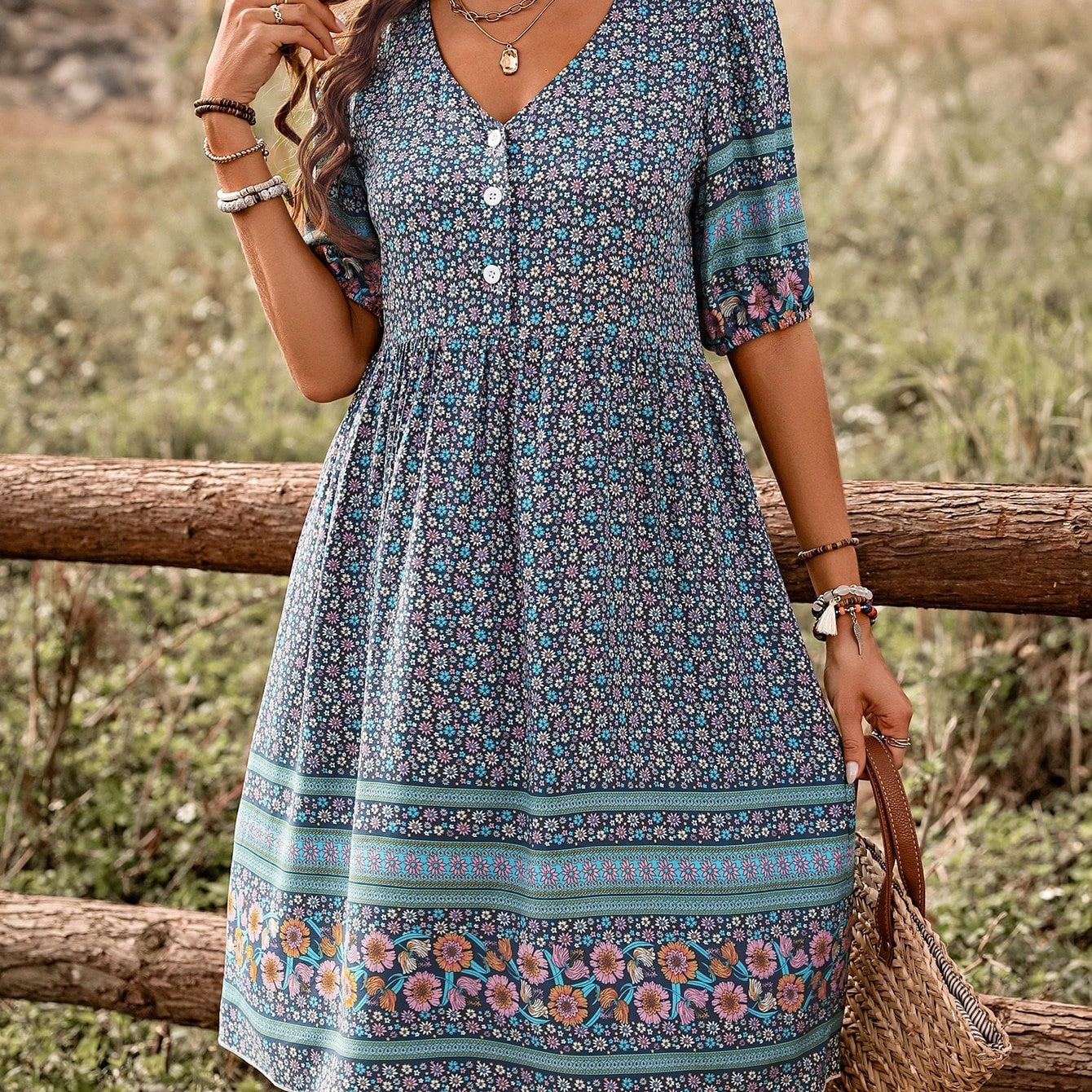 Robe imprimée boutonnée décontractée – Tenue de plage et de vacances pour femme