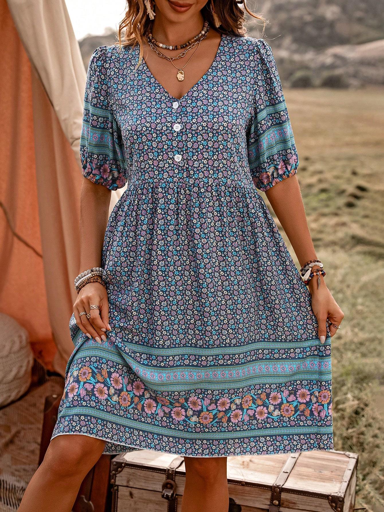 Robe imprimée boutonnée décontractée – Tenue de plage et de vacances pour femme