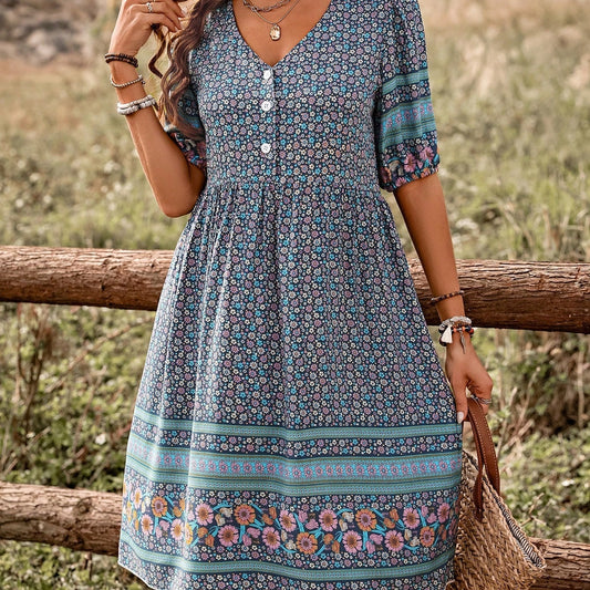 Robe imprimée boutonnée décontractée – Tenue de plage et de vacances pour femme